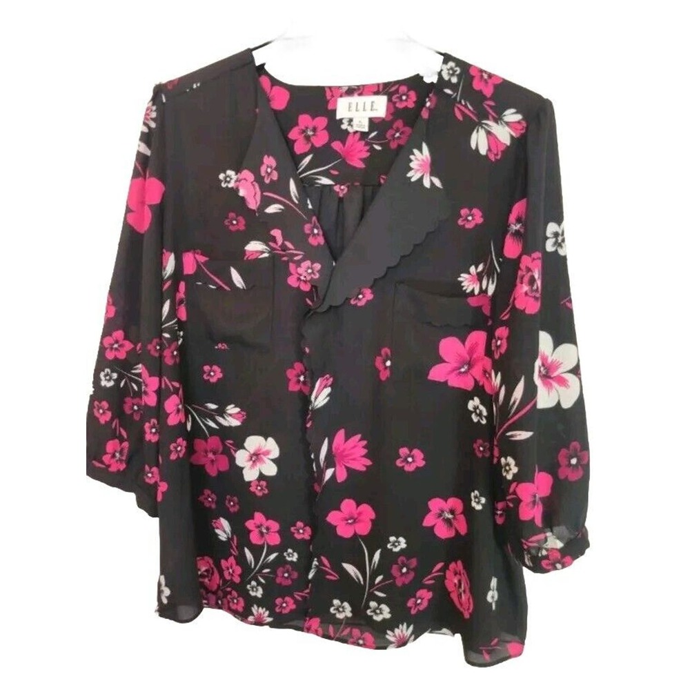 ELLE Black Floral Print V-Neck Pockets Chiffon 3/4 Sleeve Top Womans Size XL‎